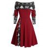 Mini Robe Ligne A en Blocs de Couleurs à Imprimé Flocon de Neige et Sapin de Noël à Manches Longues - Rouge foncé L