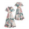 Vacation Couple Outfit Floral Leaf Print Dress Slit Flare Sleeve Dress and Shirt Set - Rose S | US 4
