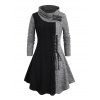 Women Outfit Colorblock Cable Knit Buckle Hooded Dress and Earrings Lace Up Boots Set - Noir S | US 4