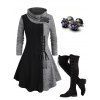 Women Outfit Colorblock Cable Knit Buckle Hooded Dress and Earrings Lace Up Boots Set - Noir S | US 4