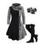Women Outfit Colorblock Cable Knit Buckle Hooded Dress and Earrings Lace Up Boots Set - Noir S | US 4