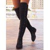 Women Outfit Colorblock Cable Knit Buckle Hooded Dress and Earrings Lace Up Boots Set - Noir S | US 4