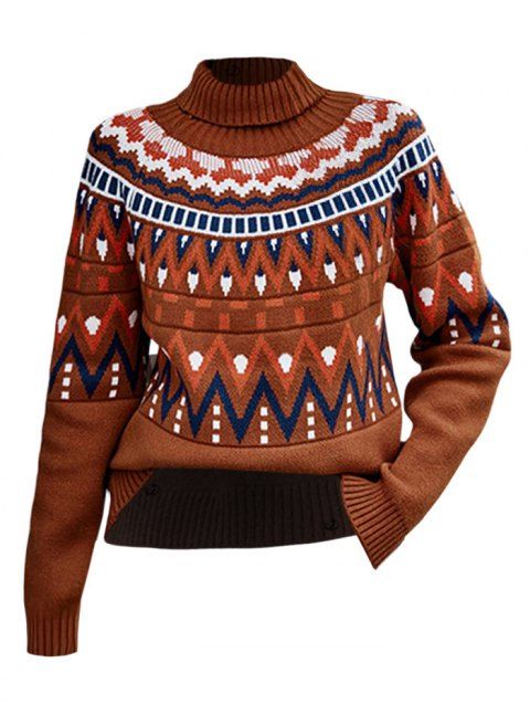 Pull à imprimé géométrique vintage, col roulé, manches longues