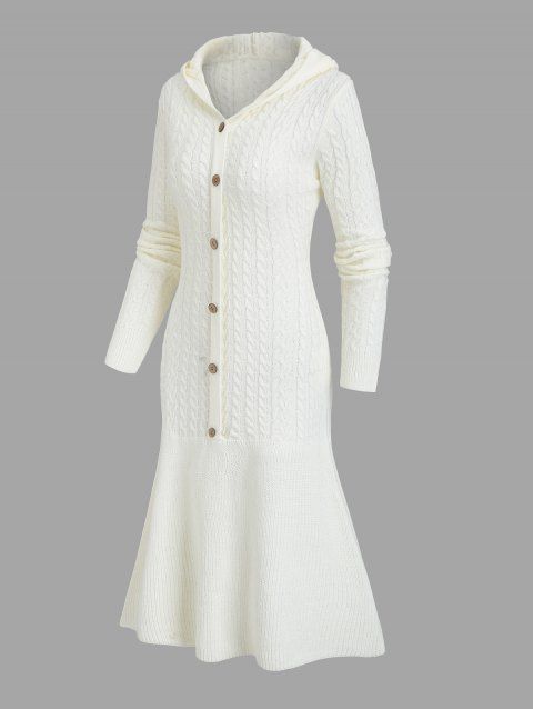 Robe pull à capuche en tricot torsadé de couleur unie, robe à capuche boutonnée à manches longues