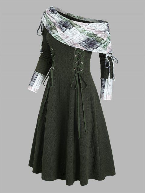 Robe à carreaux en maille torsadée, col cintrée, manches longues et lacets