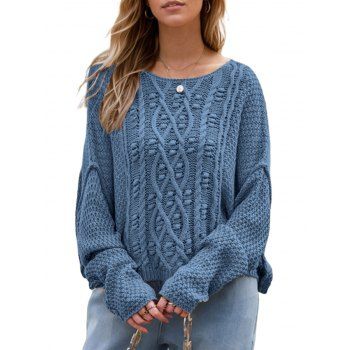 Solid Color Cable Knit Sweater Drop Shoulder Long Sleeve Sweater