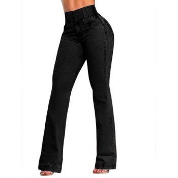 Push Up Flare Jeans Elastic Button Pocket Long Demin Pants