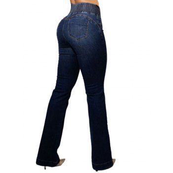 Push Up Flare Jeans Elastic Button Pocket Long Demin Pants
