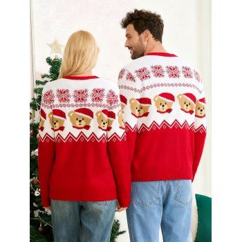Christmas Outfit Colorblock Bear with Hat Snowflake Print Long Sleeve Couple Sweater