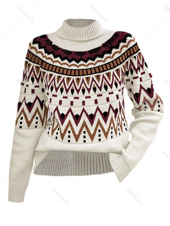 Pull à imprimé géométrique vintage, col roulé, manches longues - Blanc S | US 4