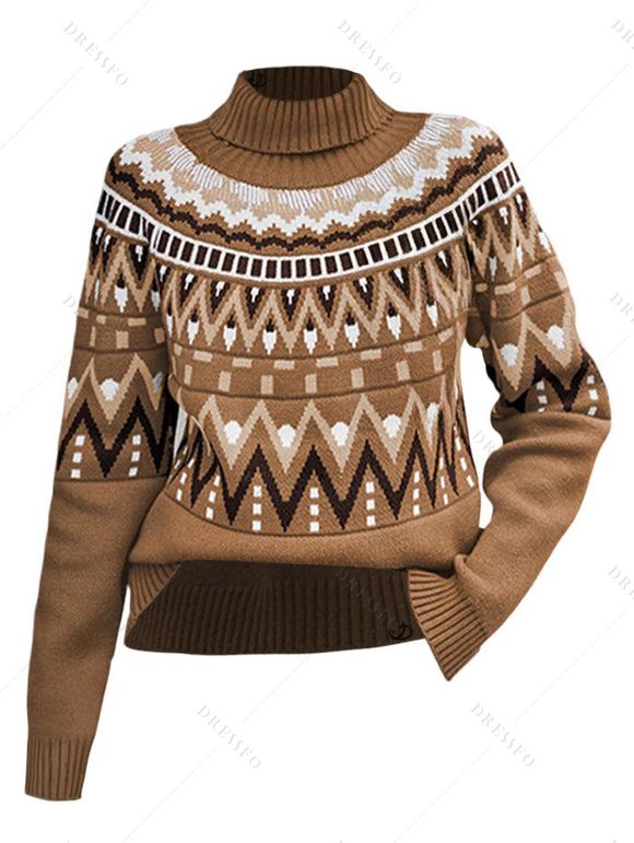 Pull à imprimé géométrique vintage, col roulé, manches longues - café lumière XL | US 10