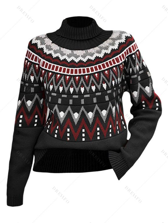 Pull à imprimé géométrique vintage, col roulé, manches longues - Noir M | US 6