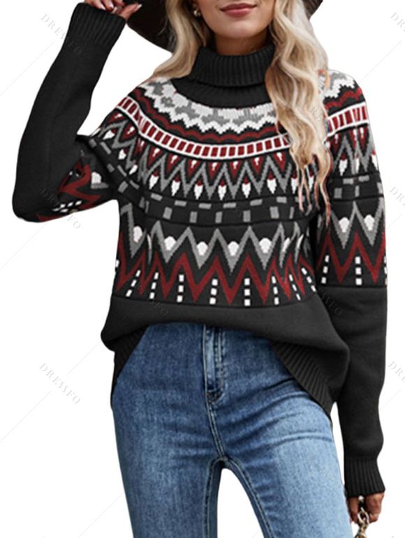 Pull à imprimé géométrique vintage, col roulé, manches longues - Noir S | US 4