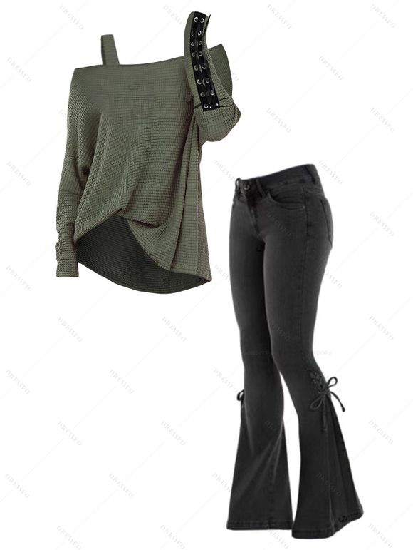 Women Outfit Solid Color Textured Skew Neck Top and Lace Up Flare Jeans Set - Vert Armée S | US 4