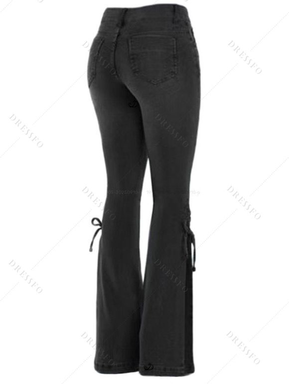 Women Outfit Solid Color Textured Skew Neck Top and Lace Up Flare Jeans Set - Vert Armée S | US 4