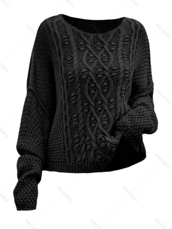 Pull en maille torsadée de couleur unie, pull à manches longues et épaules tombantes - Noir XL | US 10