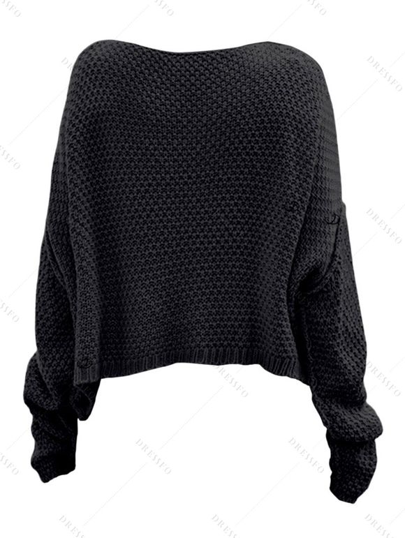 Pull en maille torsadée de couleur unie, pull à manches longues et épaules tombantes - Noir S | US 4