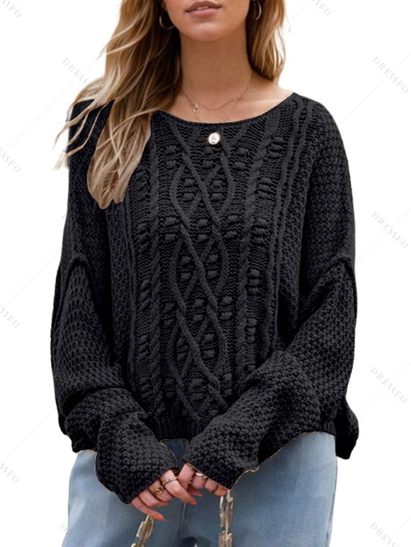 Pull en maille torsadée de couleur unie, pull à manches longues et épaules tombantes - Noir S | US 4