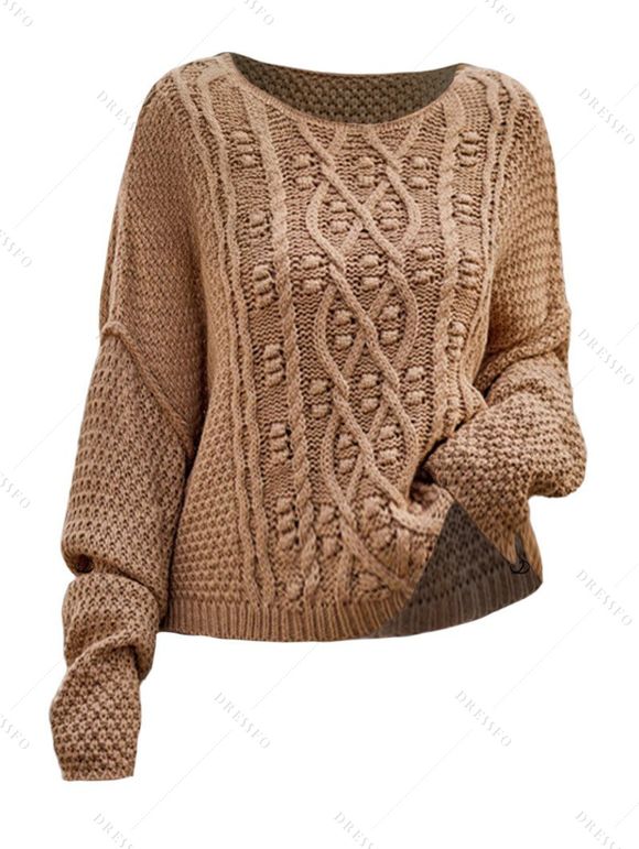 Pull en maille torsadée de couleur unie, pull à manches longues et épaules tombantes - café L | US 8