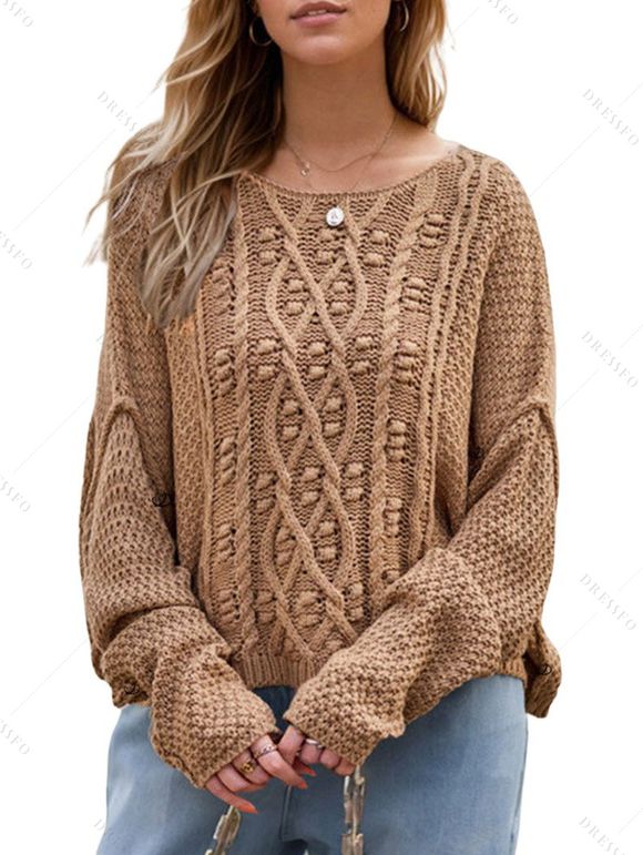 Pull en maille torsadée de couleur unie, pull à manches longues et épaules tombantes - café L | US 8