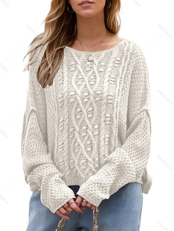 Pull en maille torsadée de couleur unie, pull à manches longues et épaules tombantes - Abricot XL | US 10