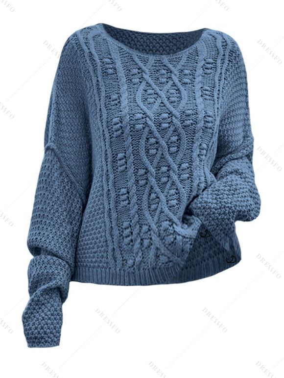Pull en maille torsadée de couleur unie, pull à manches longues et épaules tombantes - Bleu gris XL | US 10