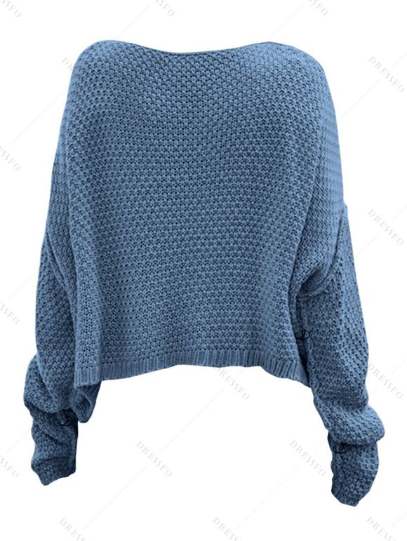 Pull en maille torsadée de couleur unie, pull à manches longues et épaules tombantes - Bleu gris L | US 8