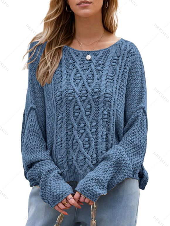 Pull en maille torsadée de couleur unie, pull à manches longues et épaules tombantes - Bleu gris L | US 8