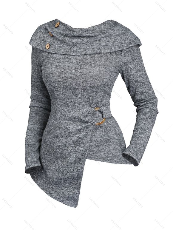 Haut asymétrique Space Dye à manches longues et faux boutons repliables avec anneau en O - Gris Clair S | US 4