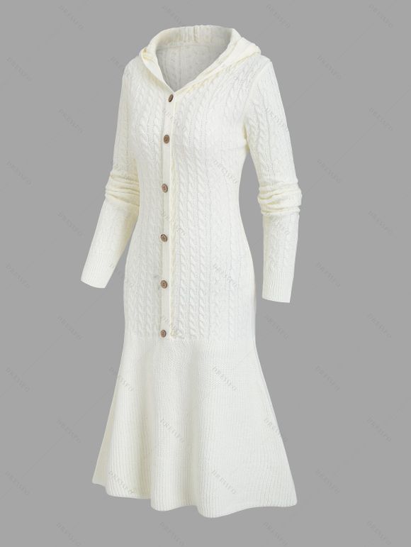 Robe pull à capuche en tricot torsadé de couleur unie, robe à capuche boutonnée à manches longues - Blanc de Crème S | US 4