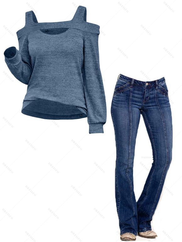 Women Outfit Cut Out Cold Shoulder Long Sleeve Top and Topstitching Flare Jeans Set - Bleu S | US 4