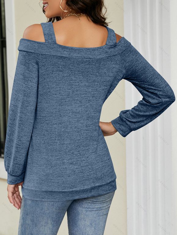 Women Outfit Cut Out Cold Shoulder Long Sleeve Top and Topstitching Flare Jeans Set - Bleu S | US 4