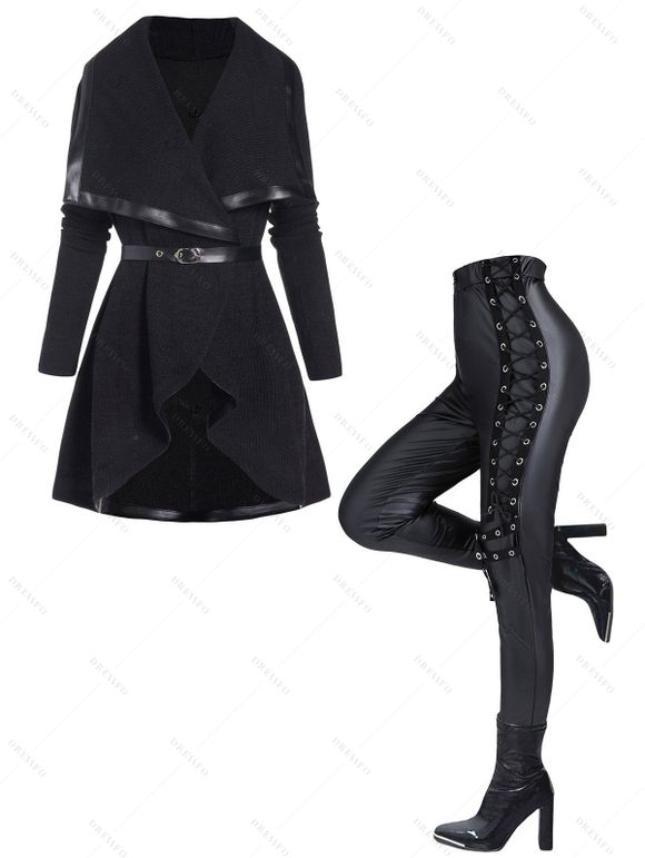 Women Outfit Long Open Front Knit Belted Draped Cardigan Coat and Lace Up Pants Set - Noir S | US 4