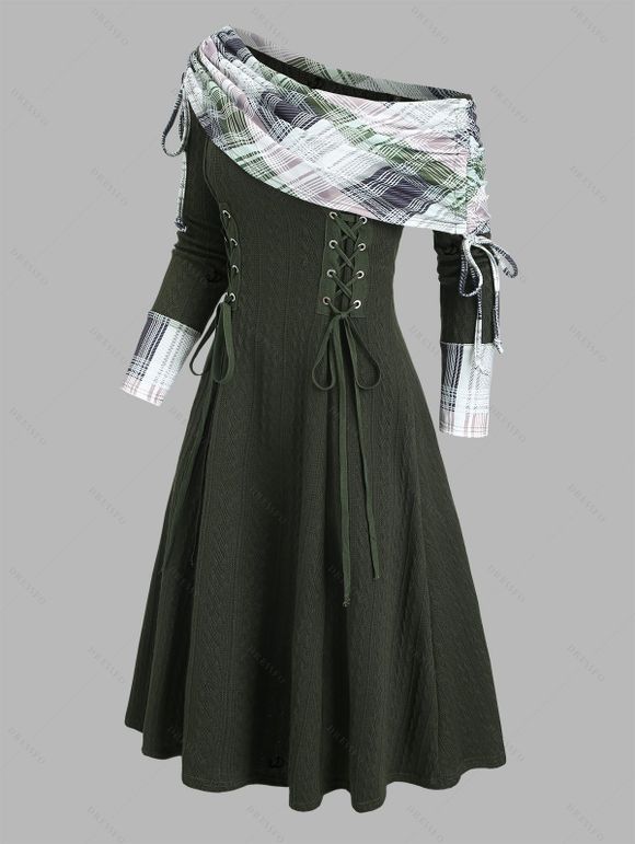 Robe à carreaux en maille torsadée, col cintrée, manches longues et lacets - Vert profond S | US 4