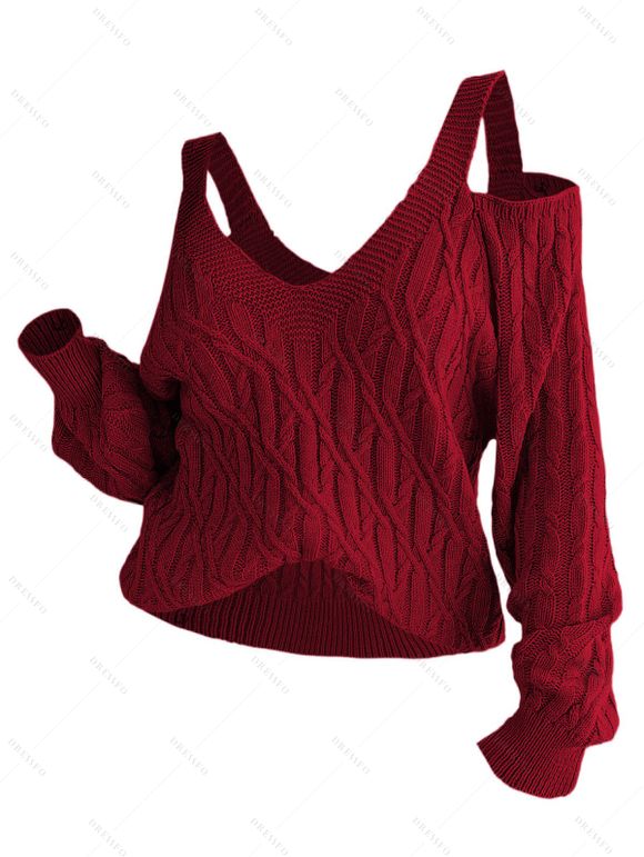 Pull tricoté de couleur unie, épaules dénudées, manches lanternes - Rouge Vineux S | US 4