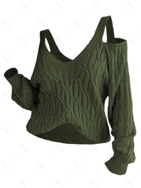 Pull tricoté de couleur unie, épaules dénudées, manches lanternes - Vert M | US 6