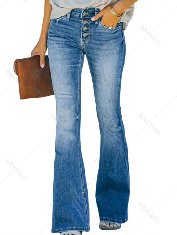 Jean évasé taille haute avec poche et braguette boutonnée, pantalon long en denim - Bleu Toile de Jean S | US 4