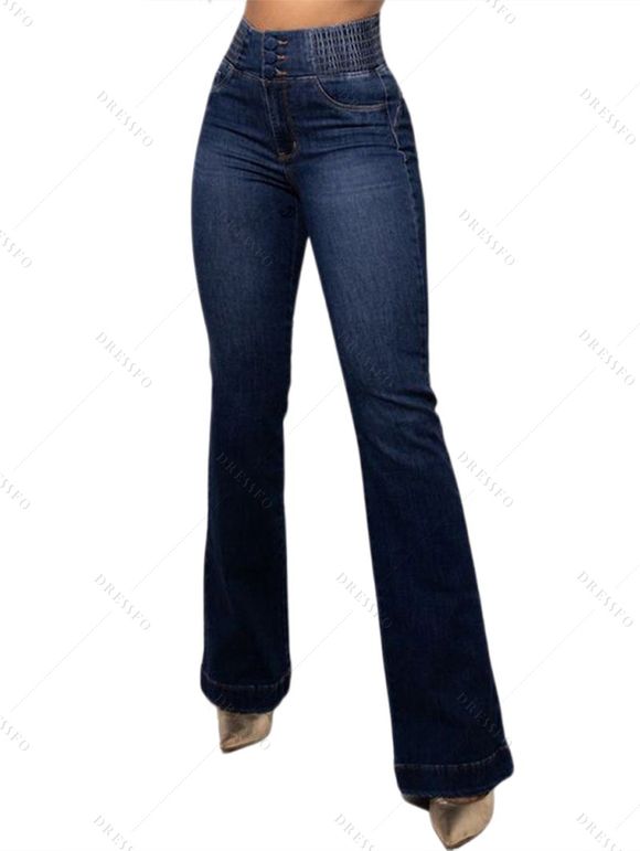 Jean push-up évasé avec poches à boutons élastiques et pantalon long en denim - Bleu profond L | US 8