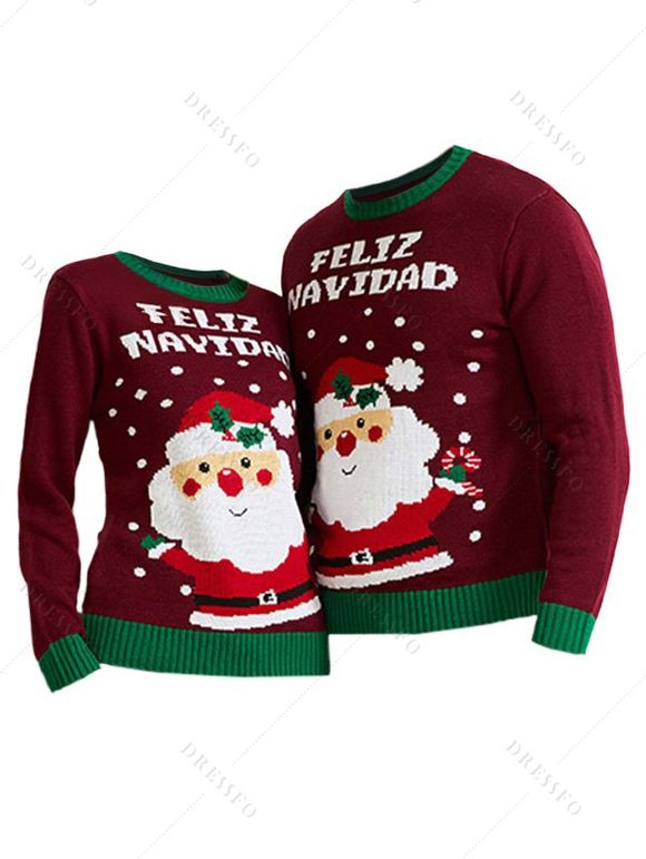 Christmas Couple Outfit Colorblock Santa Claus Letter Snowflake Print Couple Sweater - Rouge foncé S | US 4