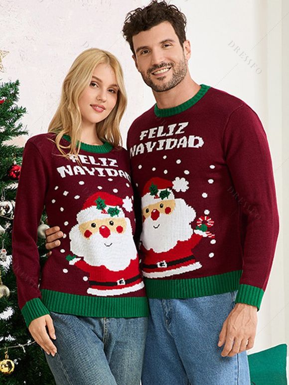 Christmas Couple Outfit Colorblock Santa Claus Letter Snowflake Print Couple Sweater - Rouge foncé S | US 4