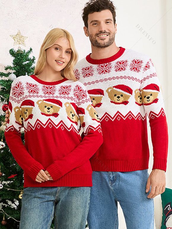 Christmas Outfit Colorblock Bear with Hat Snowflake Print Long Sleeve Couple Sweater - Rouge S | US 4