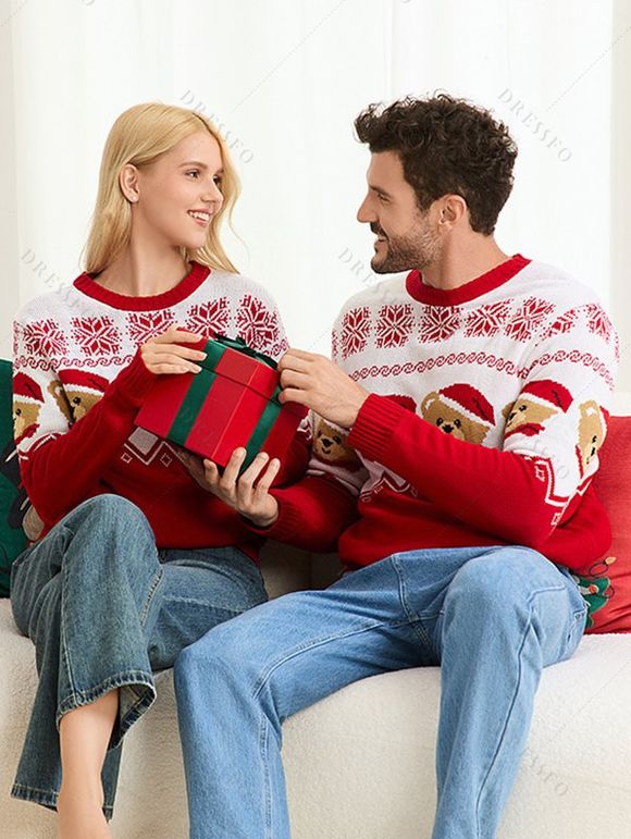 Christmas Outfit Colorblock Bear with Hat Snowflake Print Long Sleeve Couple Sweater - Rouge S | US 4