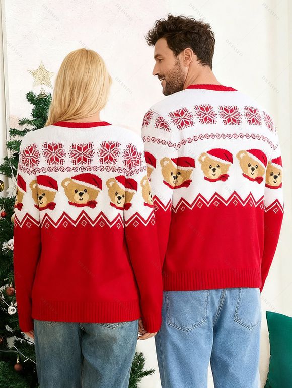 Christmas Outfit Colorblock Bear with Hat Snowflake Print Long Sleeve Couple Sweater - Rouge S | US 4