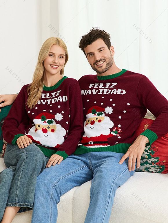 Christmas Couple Outfit Colorblock Santa Claus Letter Snowflake Print Couple Sweater - Rouge foncé S | US 4