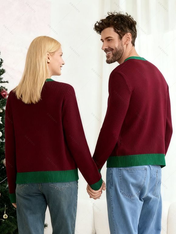 Christmas Couple Outfit Colorblock Santa Claus Letter Snowflake Print Couple Sweater - Rouge foncé S | US 4