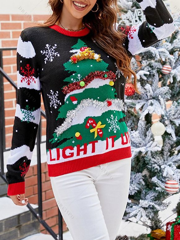 Pull à manches longues imprimé sapin de Noël, lettres et flocons de neige - Noir XXL | US 12