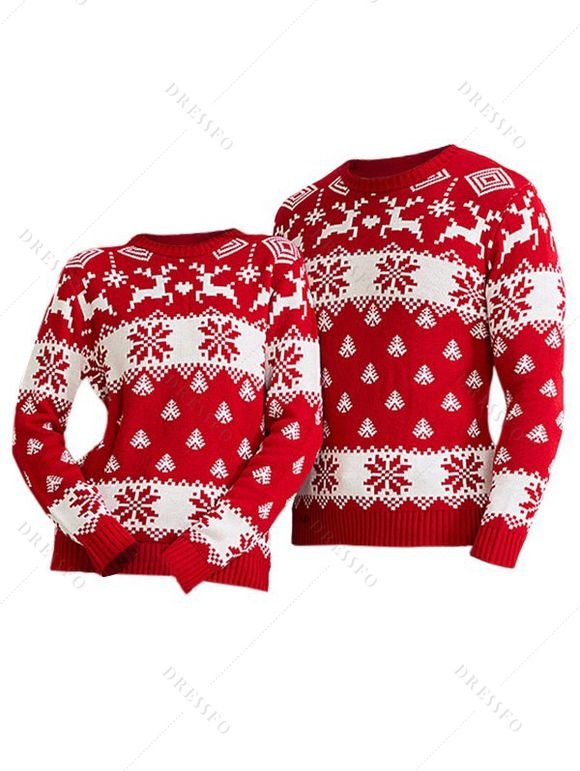 Christmas Outfit Elk Snowflake Print Long Sleeve Couple Sweater - Rouge S | US 4