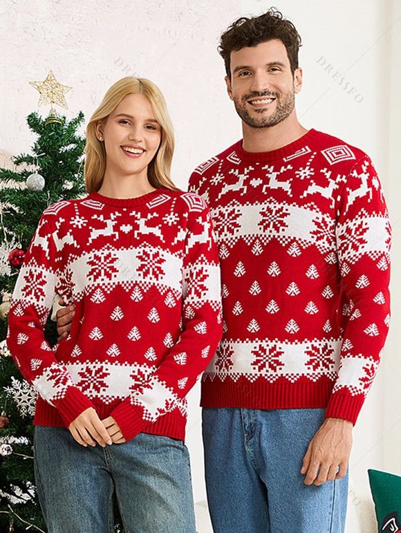 Christmas Outfit Elk Snowflake Print Long Sleeve Couple Sweater - Rouge S | US 4