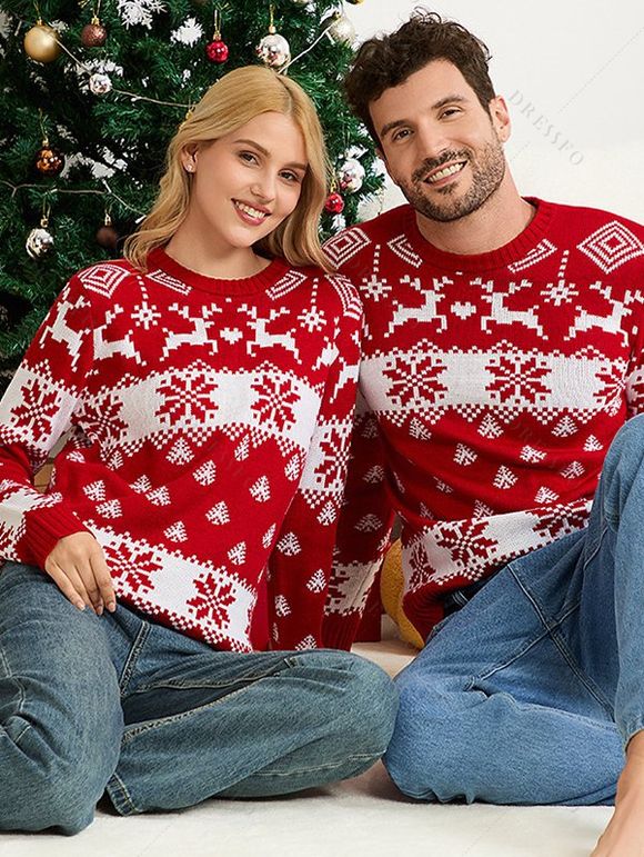 Christmas Outfit Elk Snowflake Print Long Sleeve Couple Sweater - Rouge S | US 4