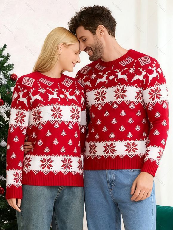 Christmas Outfit Elk Snowflake Print Long Sleeve Couple Sweater - Rouge S | US 4